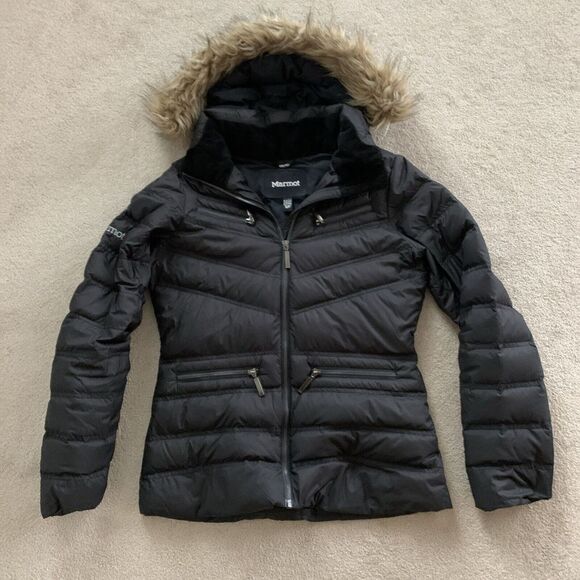 Marmot Women's 650 Fill Down Puffer Jacket Hooded‎ Black Full Zip Sz Small - Picture 1 of 11